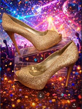Gold Glitter Peep-Toe High Heels - Women Size 10